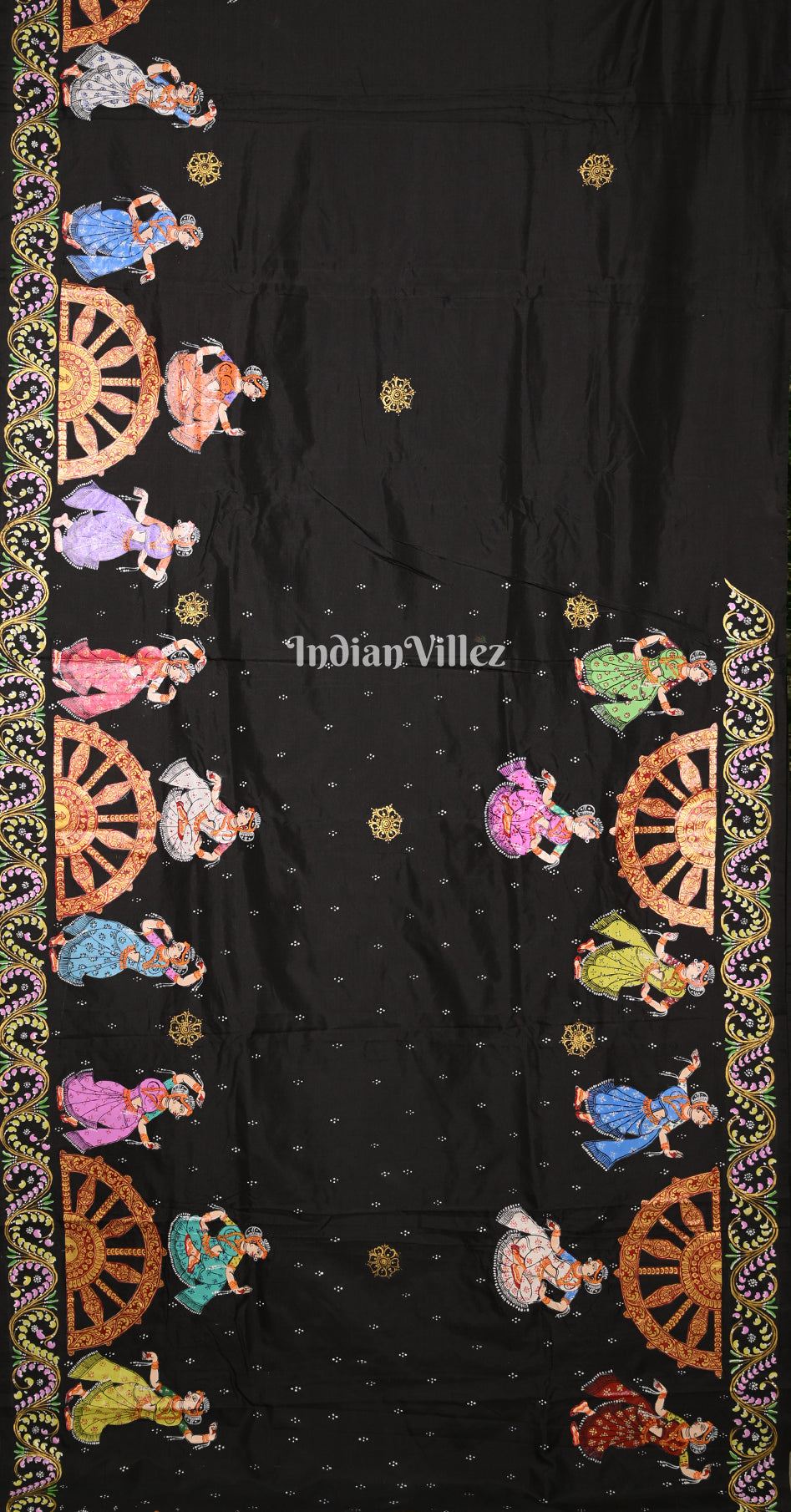 Black Sky Blue Nartaki Konark Temple Hand-Painted Pattachitra Saree 