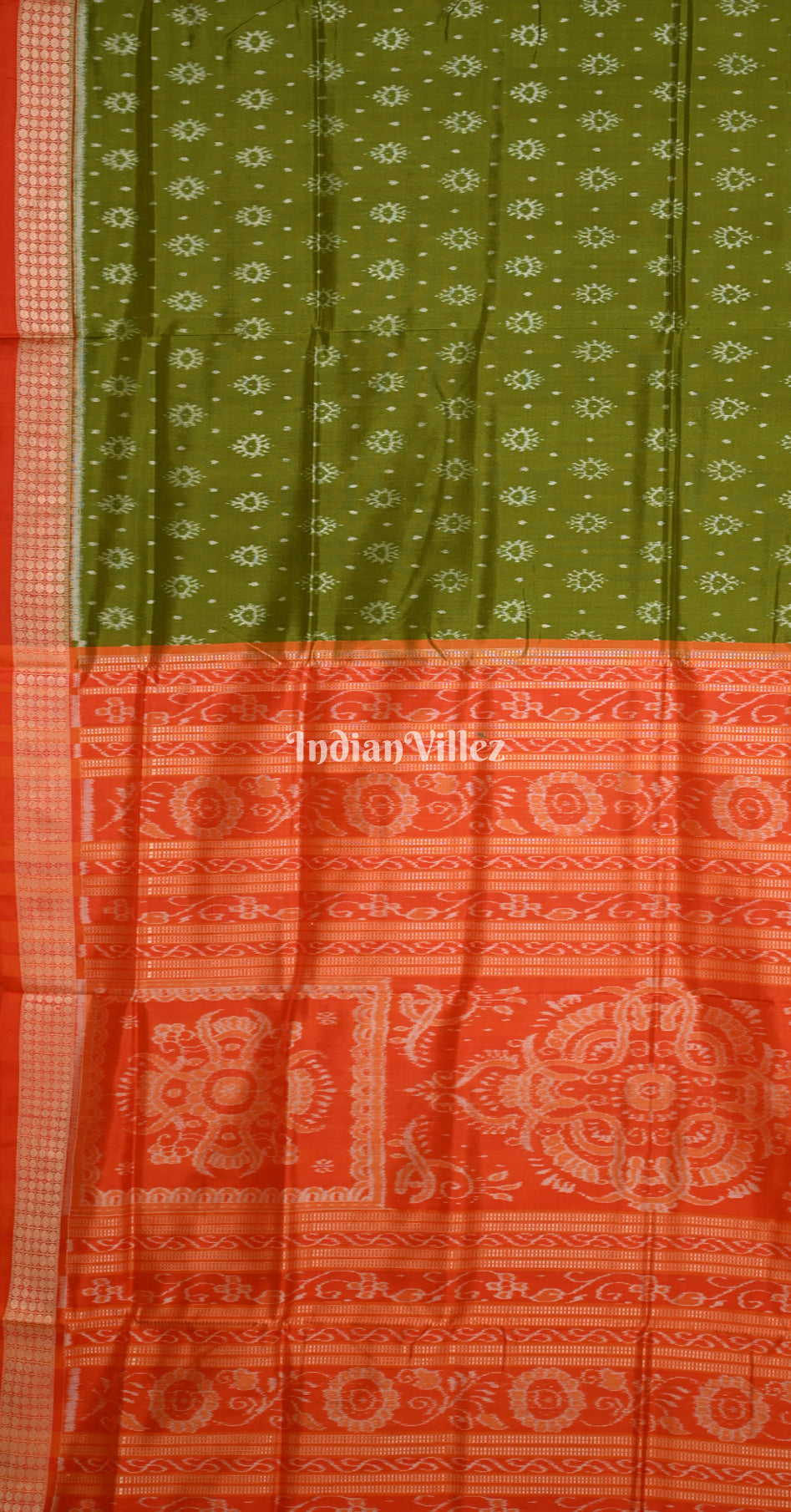 Mehendi Green Red Floral Design Odisha Ikat Sambalpuri Silk Saree 