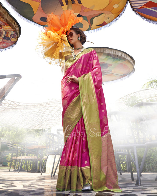 Rani Pink Dual Tone Contrast Handloom Weaving Silk Saree