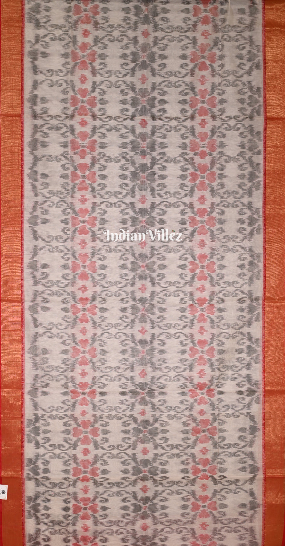 Off White Red Pochampally Ikat Silk Cotton (Sico) Saree with Floral Pallu