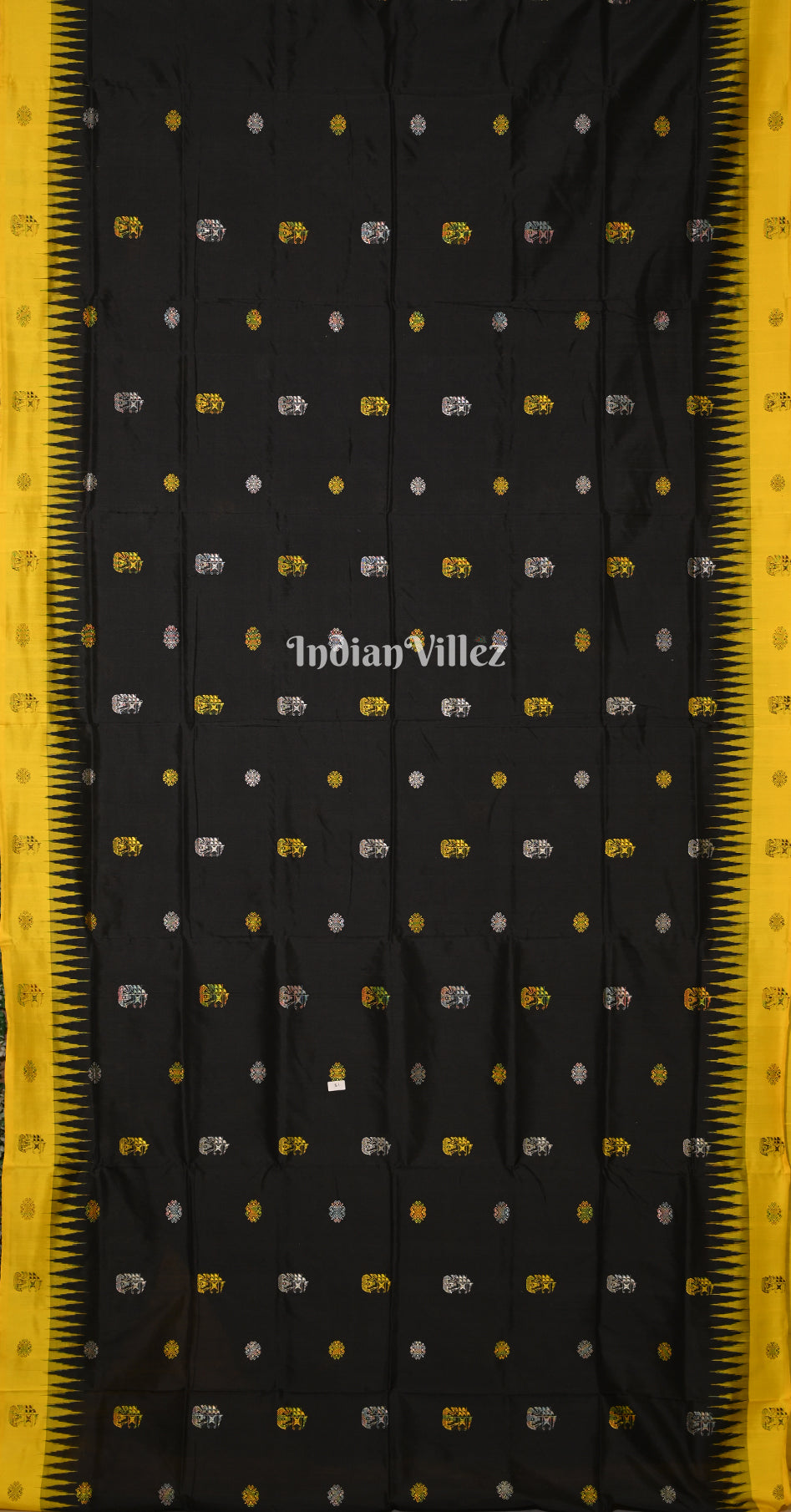 Black Mustard Yellow Boita Theme Odisha Ikat Bomkai Sambalpuri Silk Saree