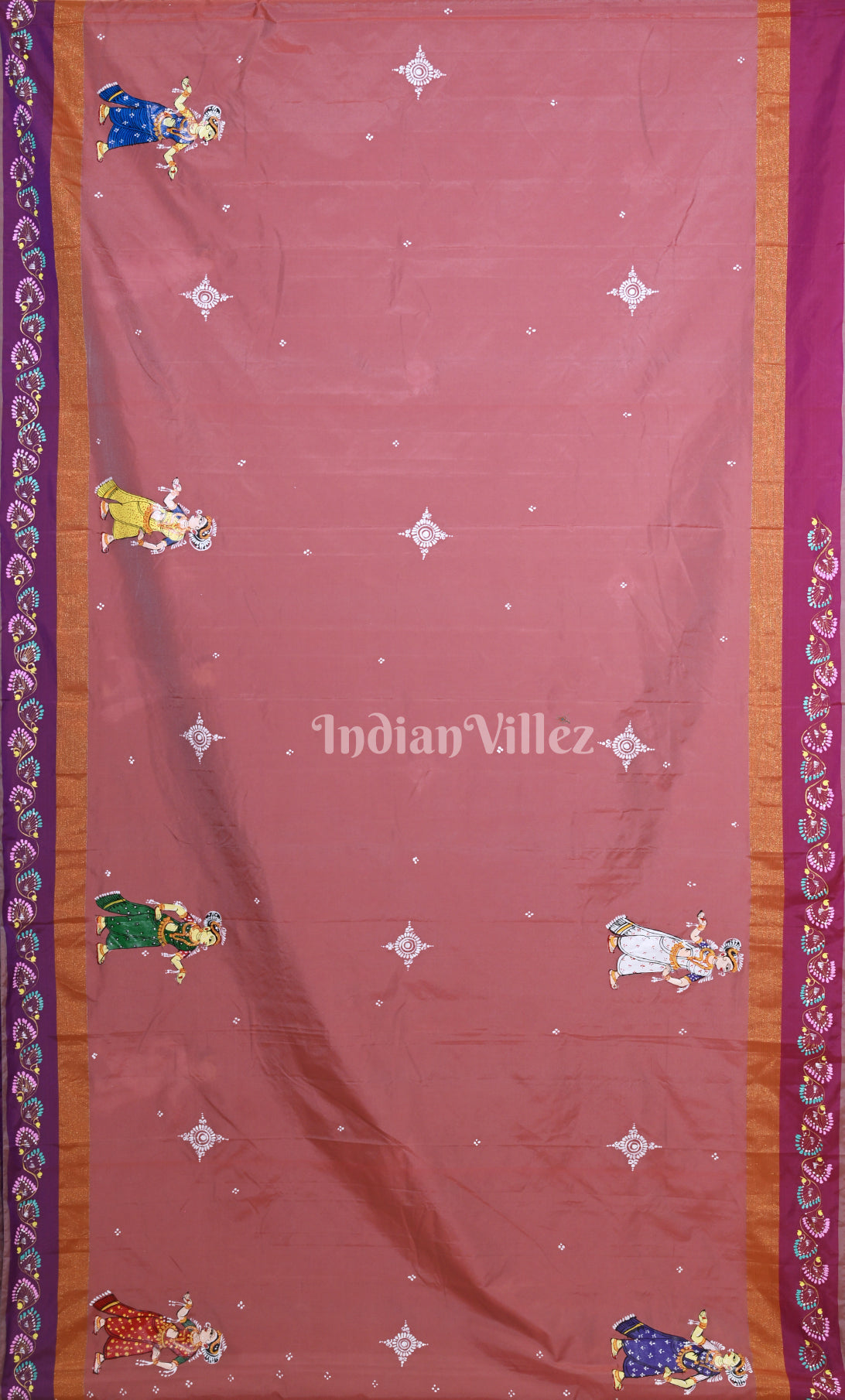 Mauve Pink Krishna Rasa Leela Hand-Painted Pattachitra Saree