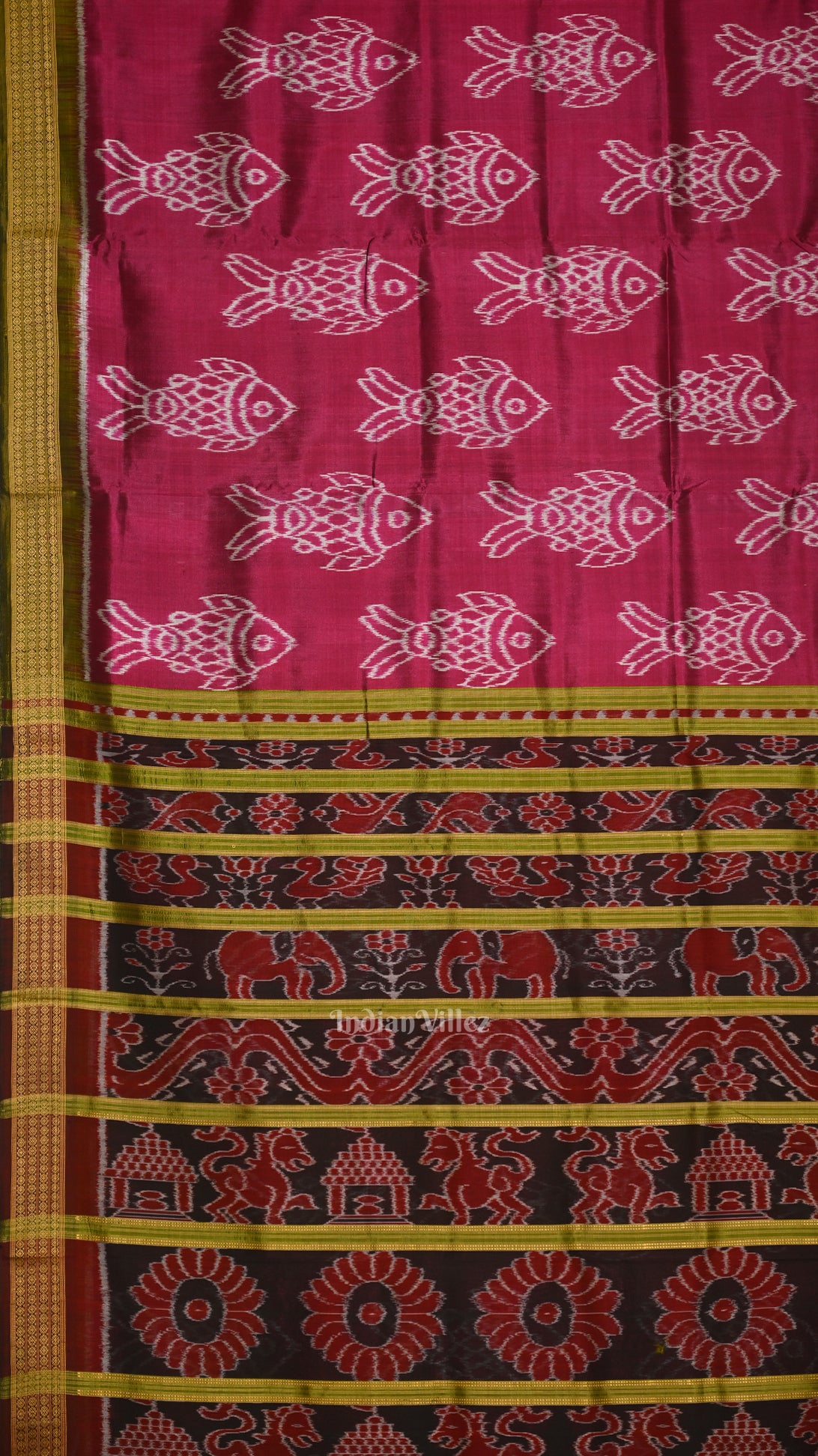 Magenta Pink Green Fish Motif  Sambalpuri Odisha Ikat Contemporary Designer Silk Saree