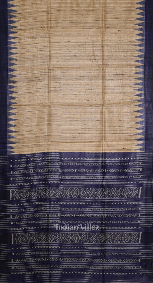 
Beige Tussar Silk Saree with Blue Border & Anchal 


