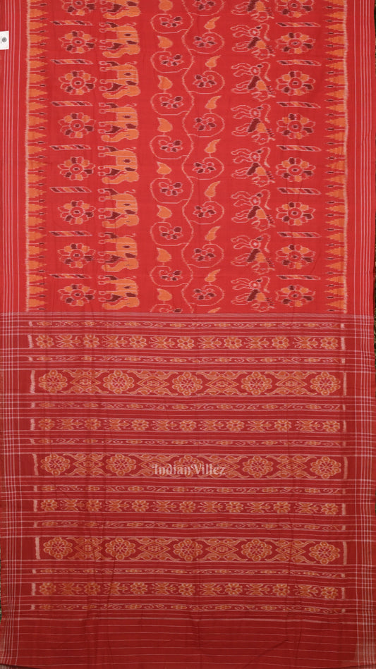 Red Elephant Theme Odisha Ikat Sambalpuri Cotton Saree