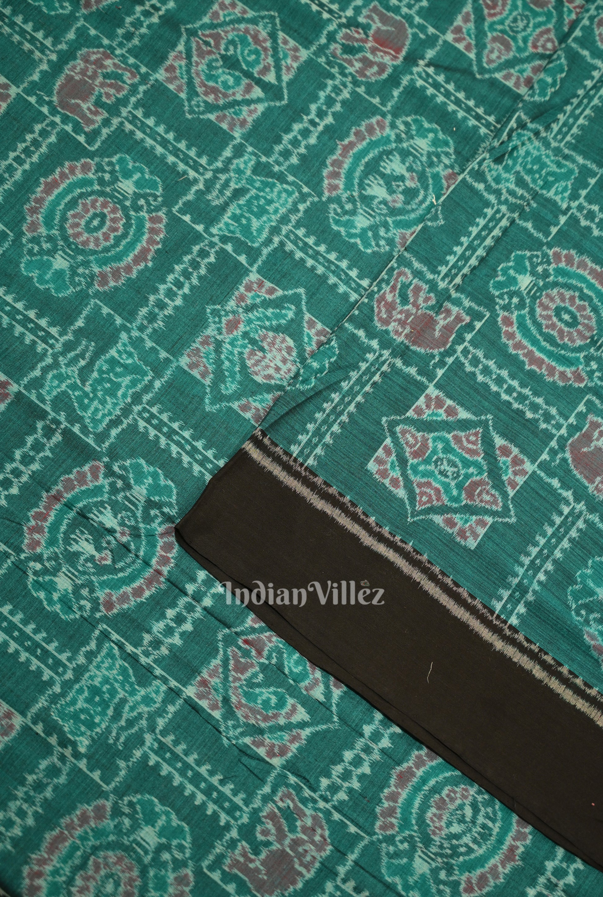 Green Elephant Theme Sambalpuri Odisha Ikat Cotton Fabric 