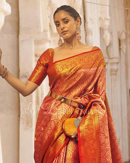 Dark Pastel Red Multicolor Banarasi Handloom Rich Zari Weaving Silk Saree