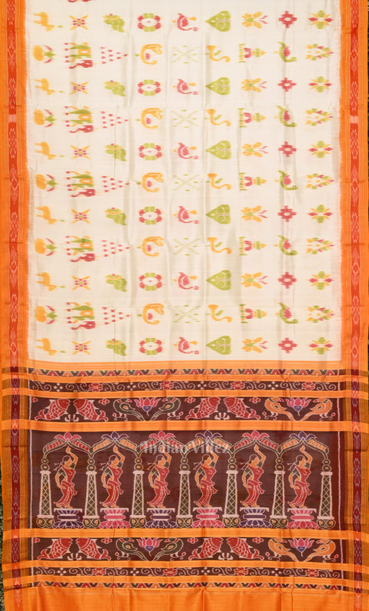 White Red Nabarangi Nabakothi Odisha Ikat Khandua Silk Saree with Nartaki Anchal
