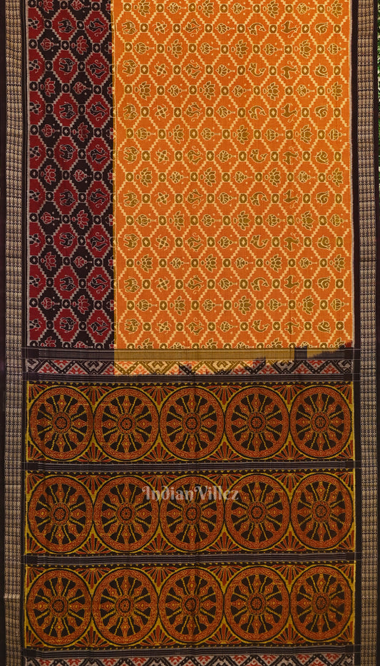 Orange with Black Odisha Ikat Sambalpuri Pure Cotton Saree