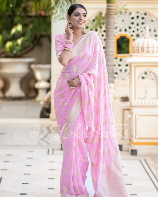 Light Pink Handwoven Georgette Banarasi Saree