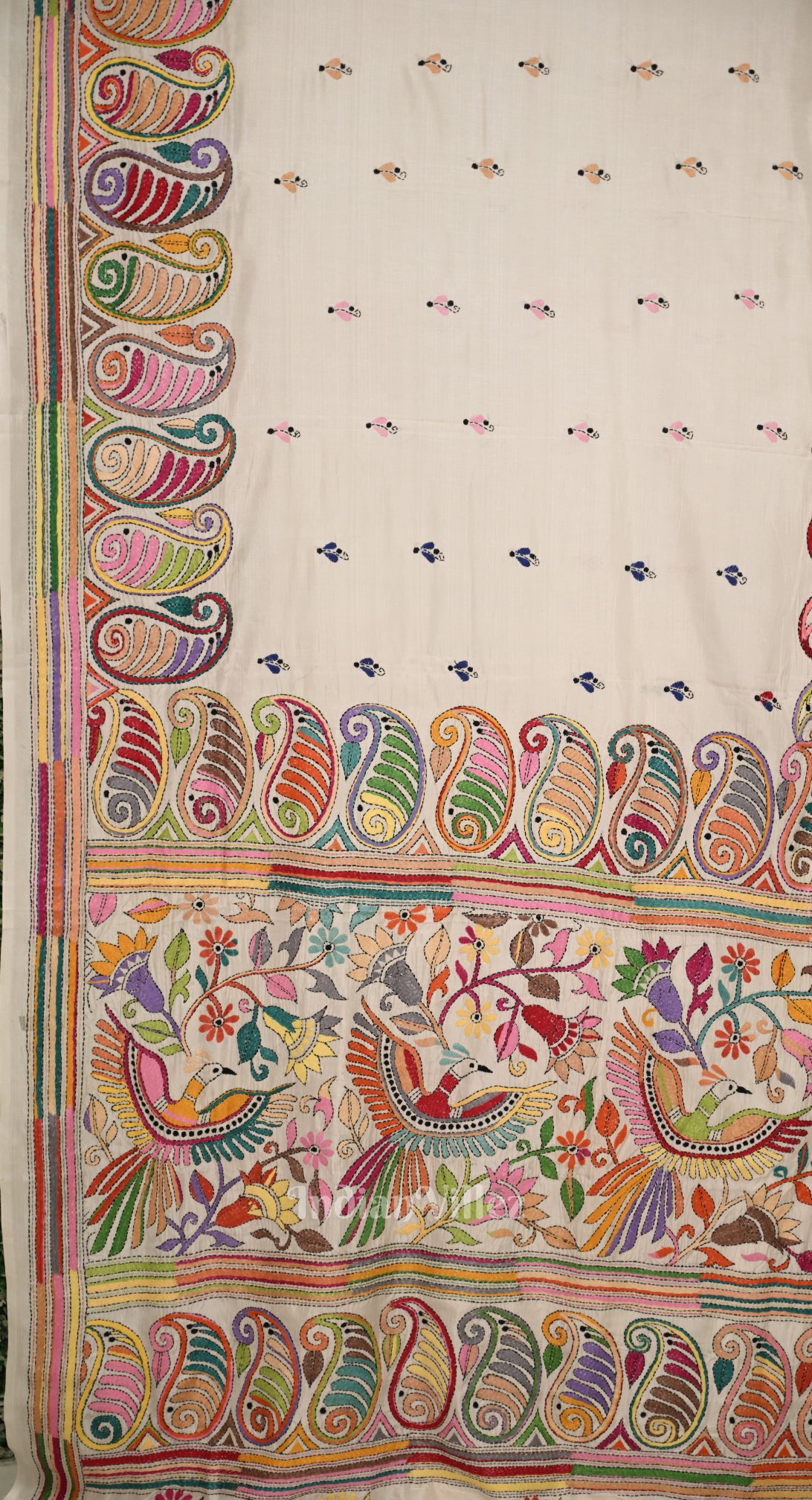 White Handwoven Kantha Stitch Silk Saree 
