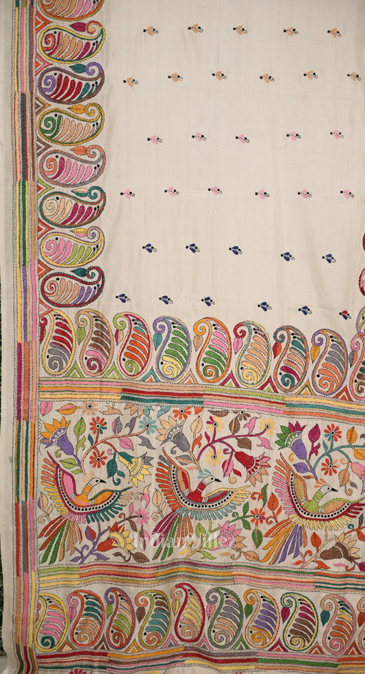 White Handwoven Kantha Stitch Silk Saree 