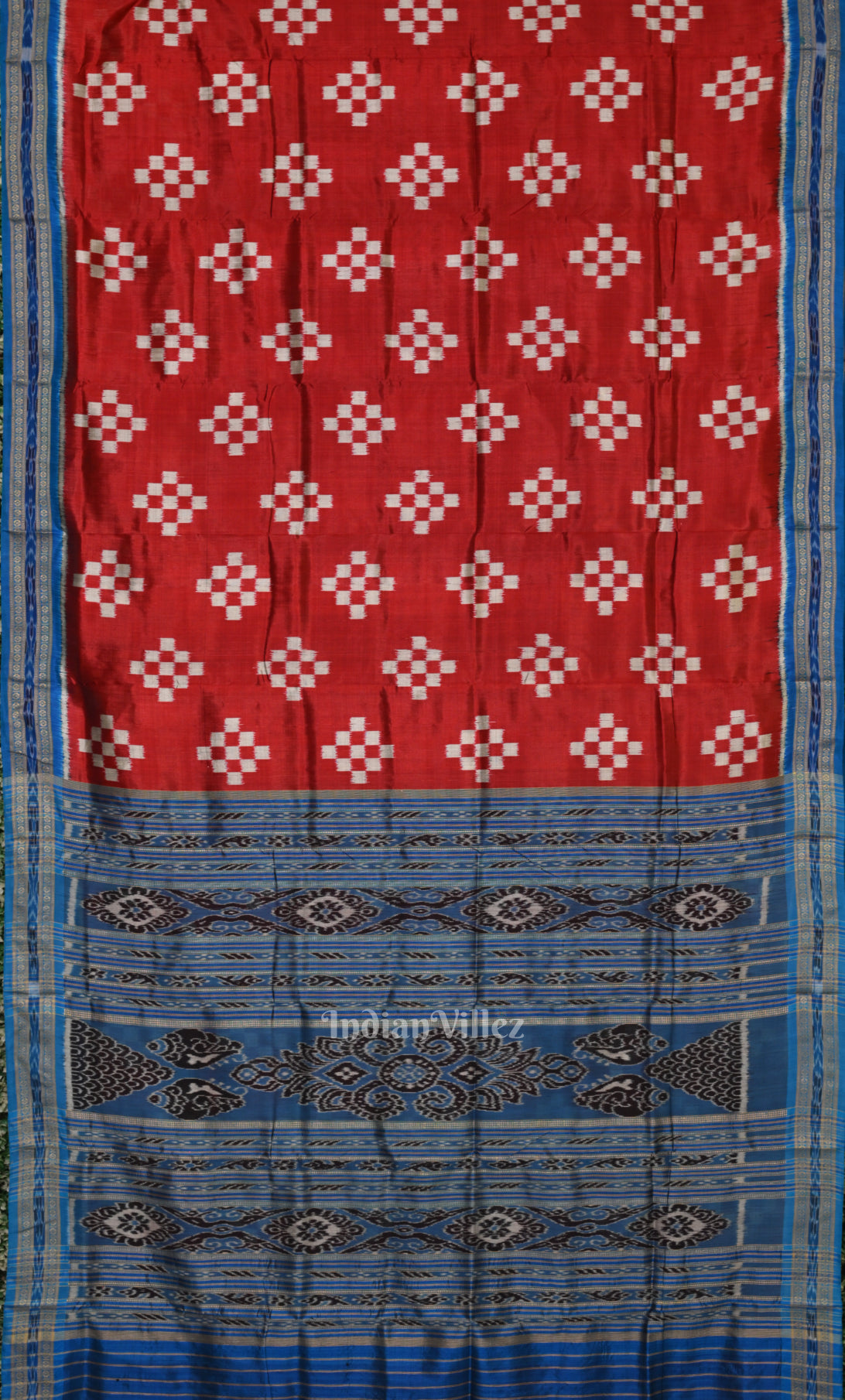 Red Blue Pasapali Odisha Ikat Khandua Silk Saree 