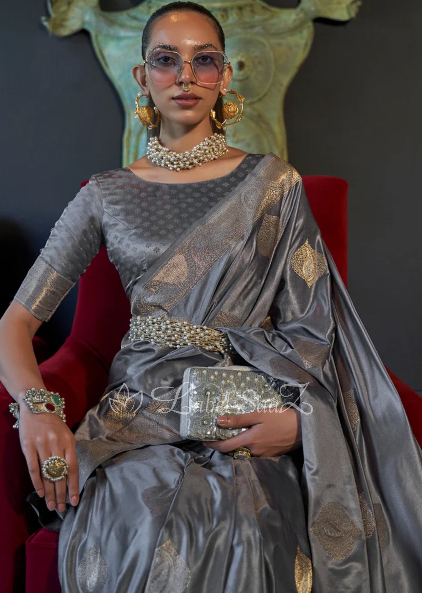 Grey Nylon Pure Handwoven Satin Silk Banarasi Saree