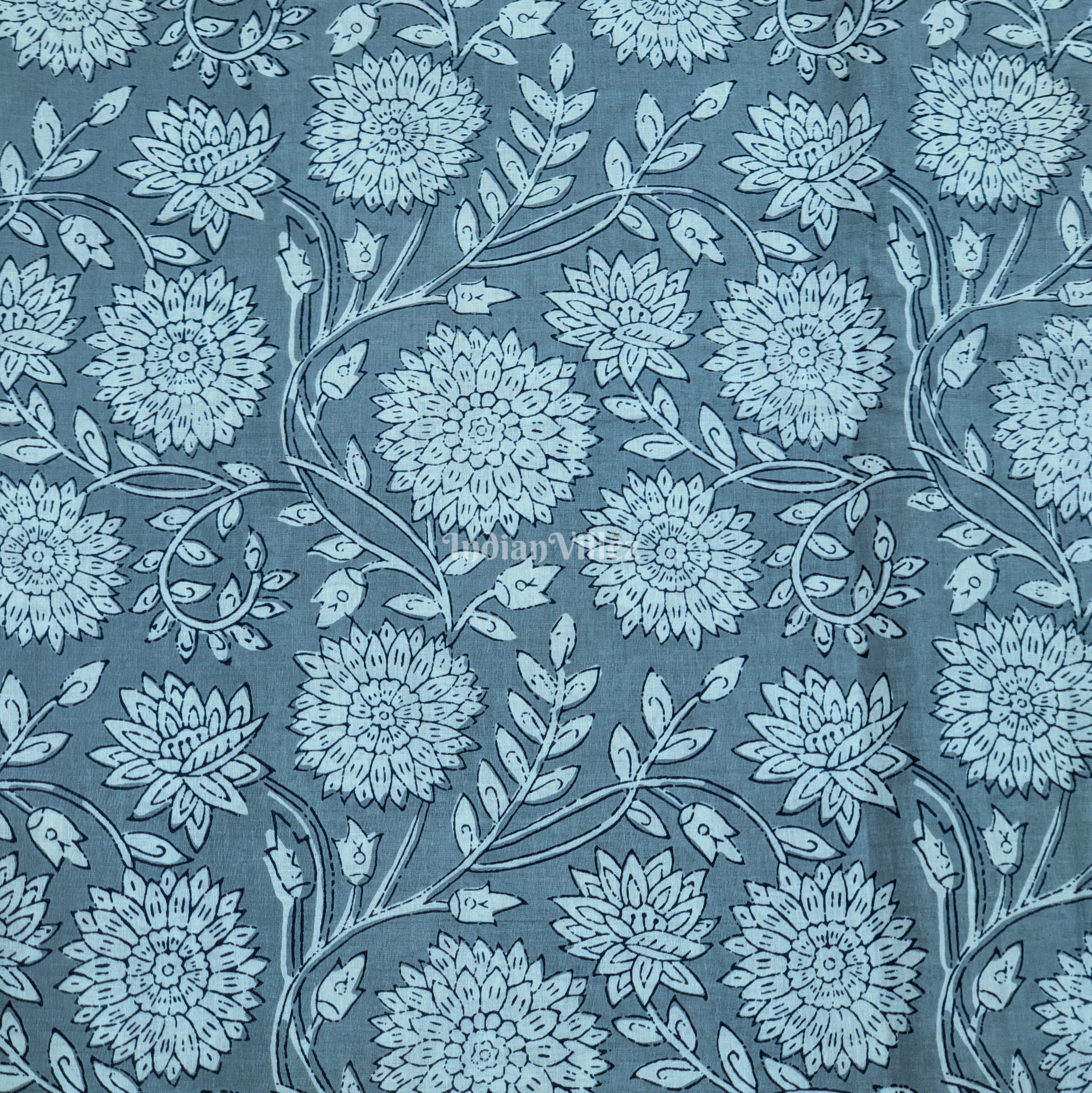 Gray Floral Hand Block Printed Cotton Fabric
