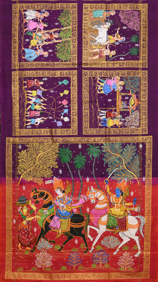 Purple Orange Kanchi Abhiyan Hand- Painted Pattachitra Saree