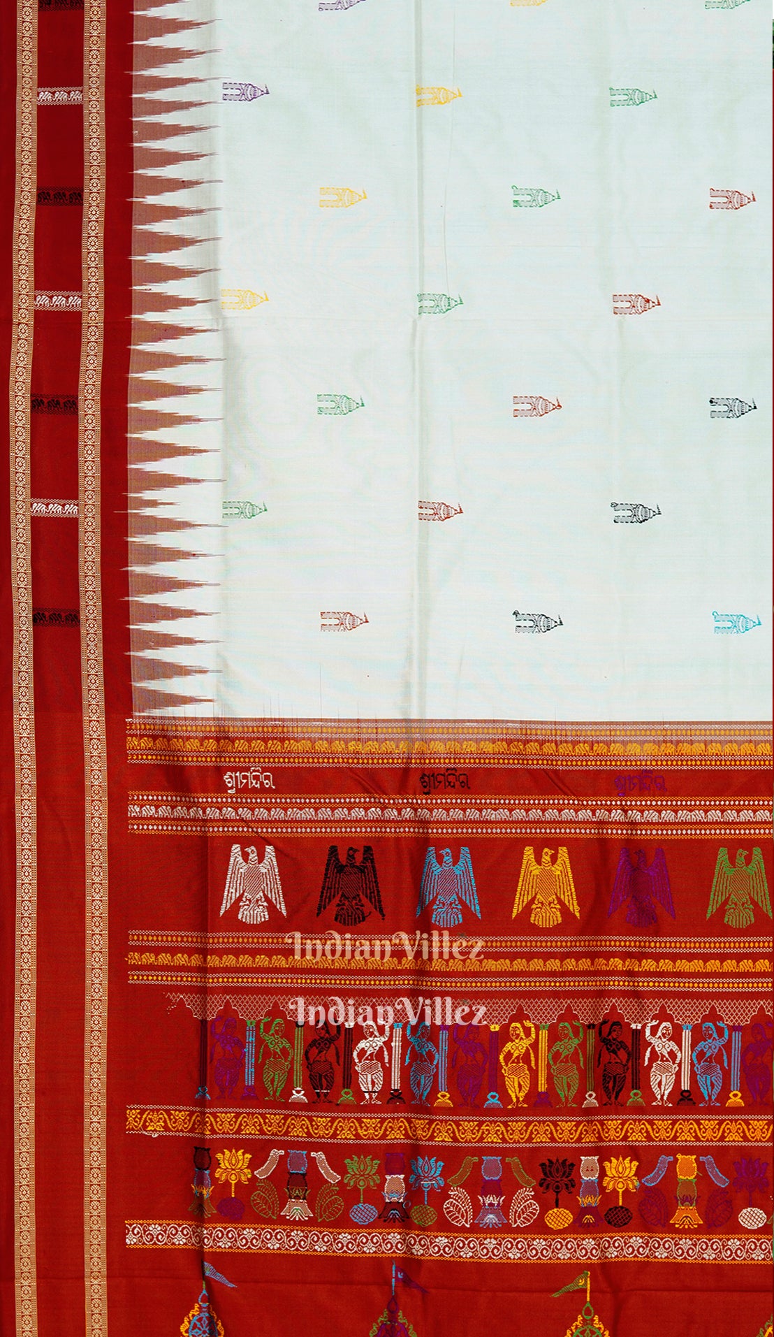 White Red Shree Mandir Theme Sambalpuri Ikat  Silk Saree