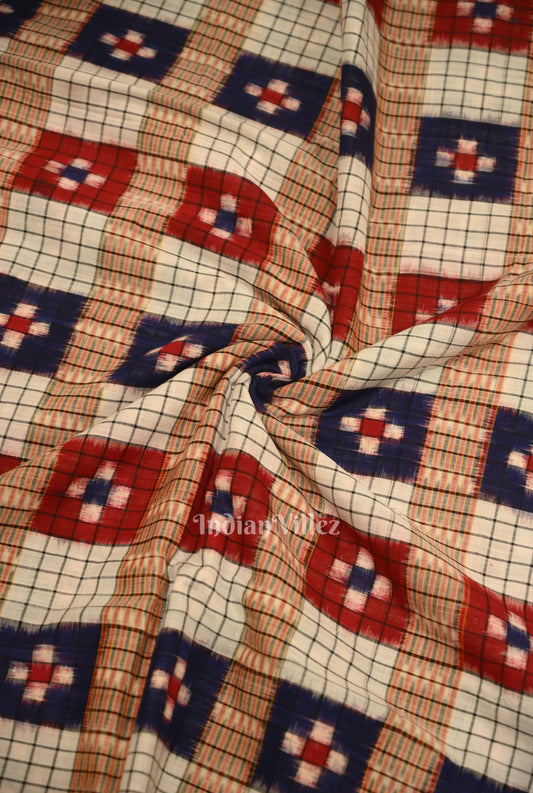 White Multi Color Check Sambalpuri Pasapali Cotton Fabric