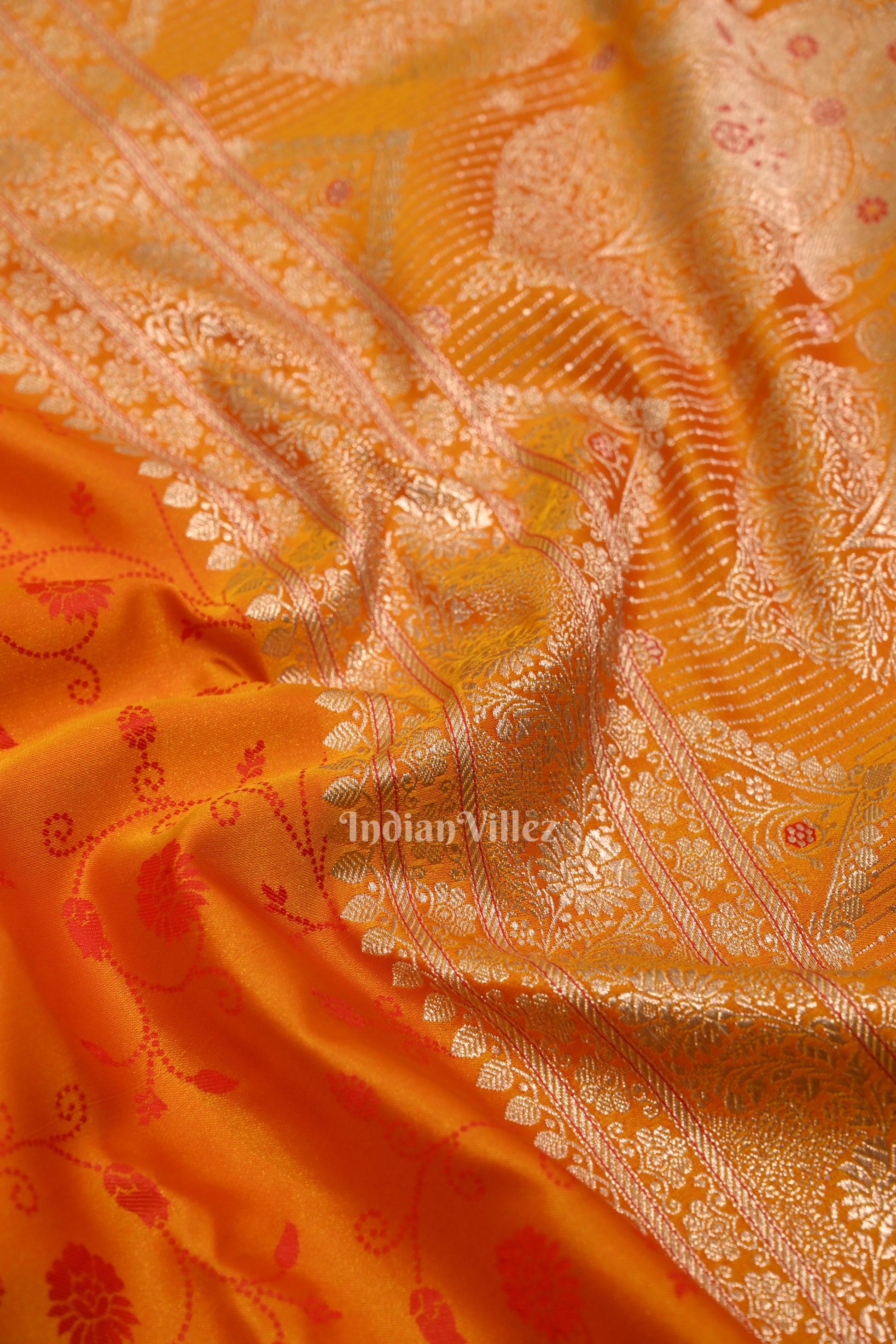 Yellow Floral Print Theme Banarasi with Rani Pink Border Satin Silk Saree