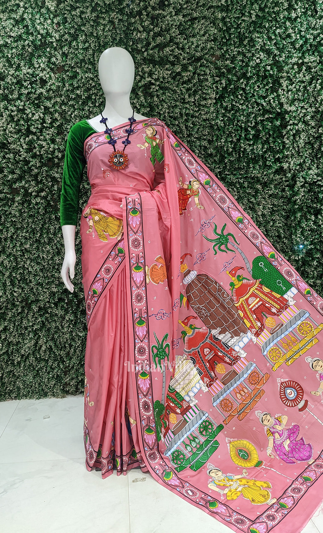 Peach Pink Shree Jagannath Ratha Yatra Hand-Painted Pattachitra Saree