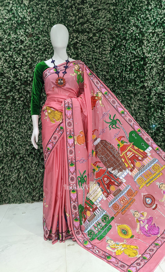 Peach Pink Shree Jagannath Ratha Yatra Hand-Painted Pattachitra Saree