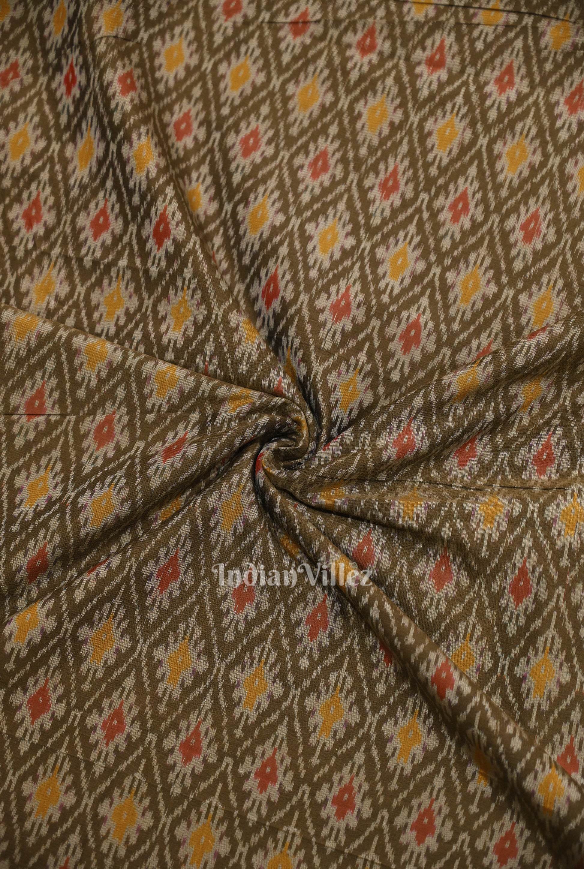 Olive Haze Pochampally Ikat Silk & Cotton (Sico) Fabric 