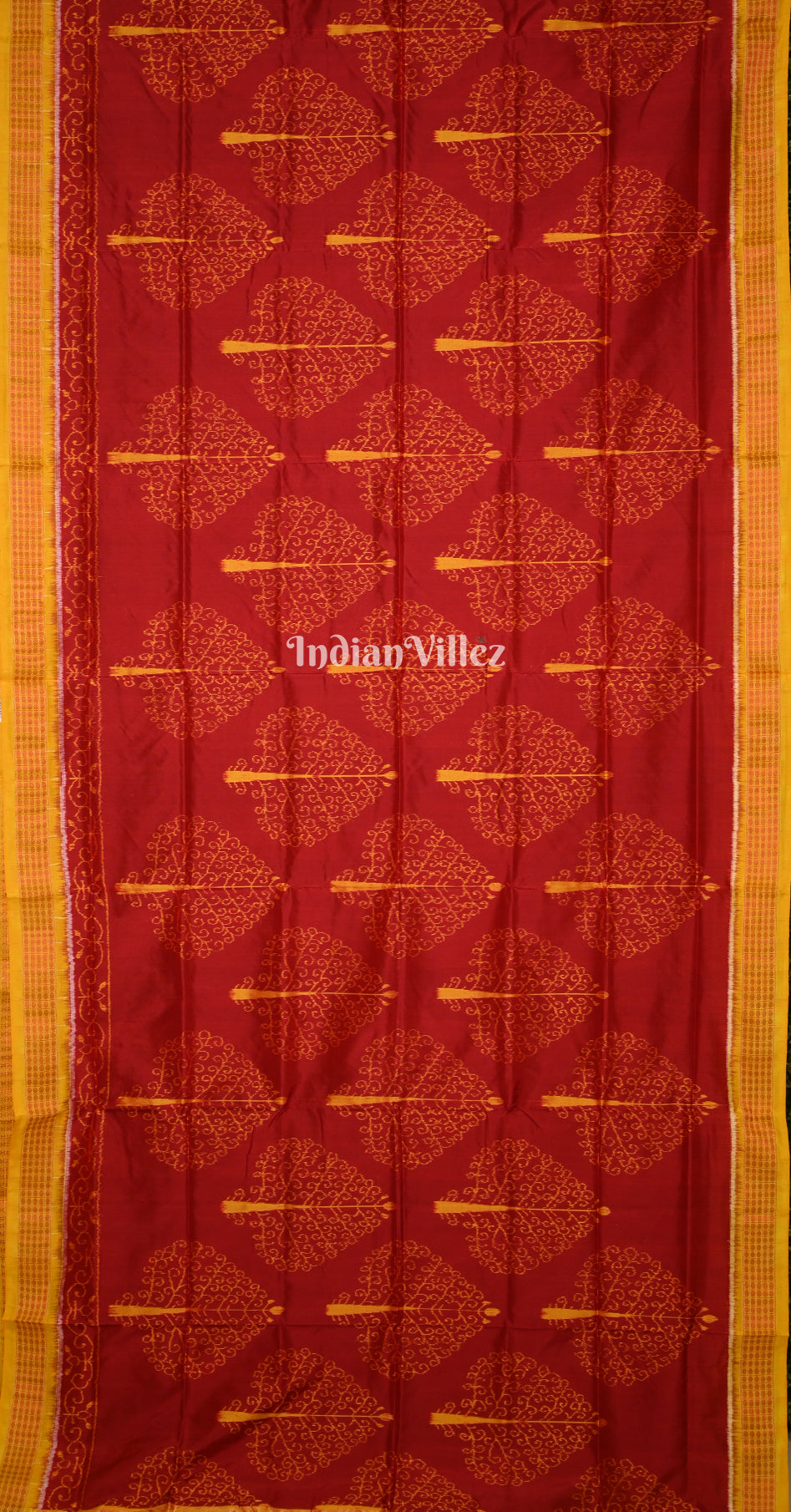 Maroon Mustard Yellow Peepal Leaves Odisha Ikat Sambalpuri Silk Saree