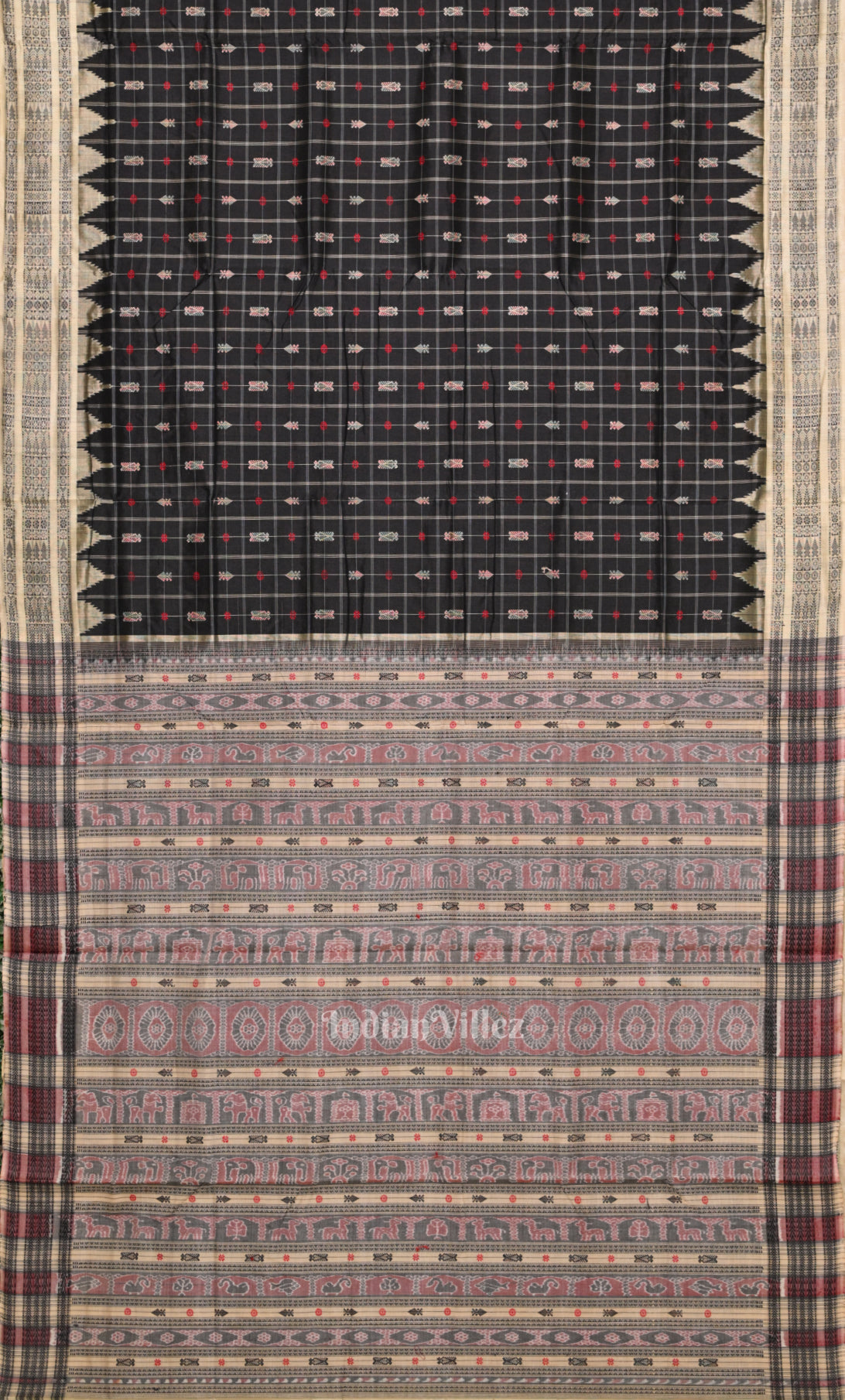 Black Hazar Buti Bomkai Tussar Silk Saree with Sarabandha Anchal 
