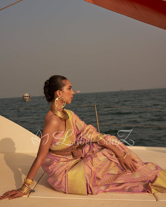 Pink Golden Two Tone Leheriya Banarasi Satin Silk Saree
