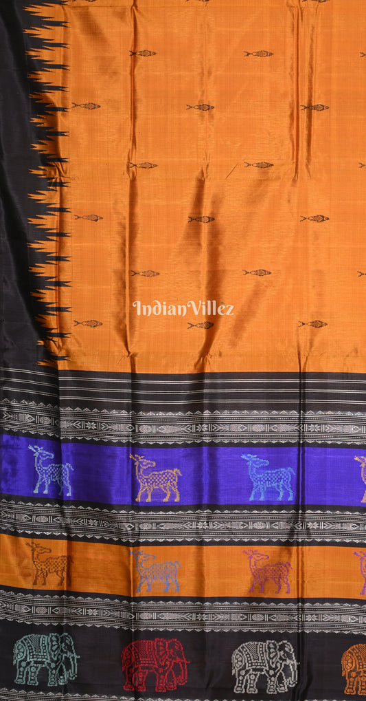 Orange Black Fish Motif Double Pallu Berhampuri Silk Saree