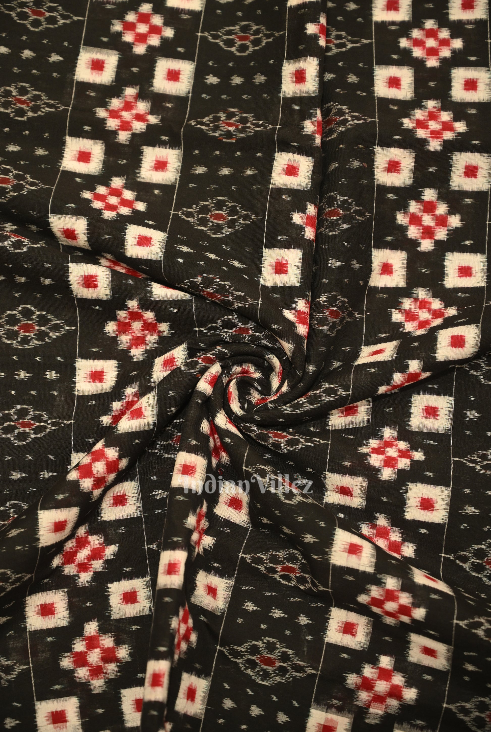 Black Pasapali Sambalpuri Ikat Cotton Fabric