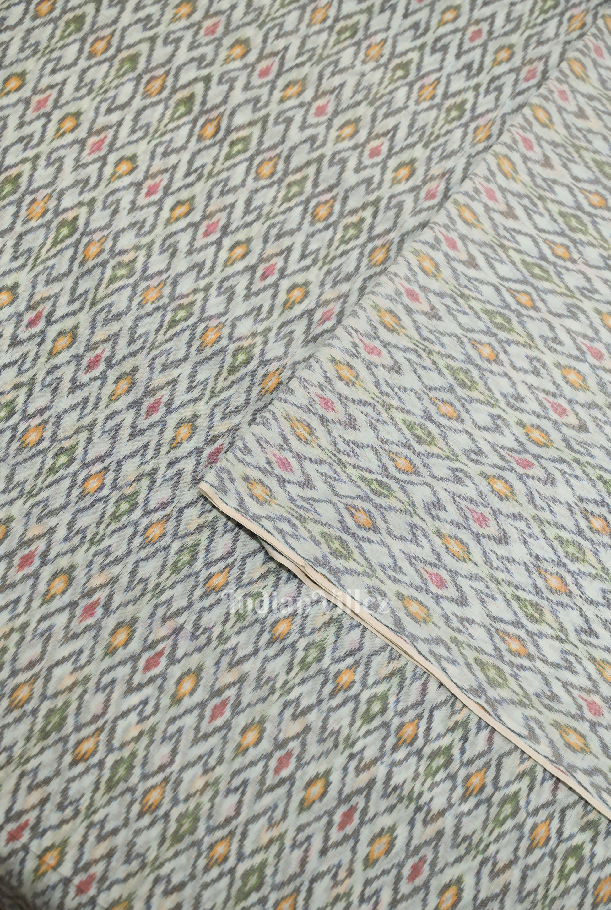 Off White Pochampally Ikat Silk & Cotton (Sico) Fabric 