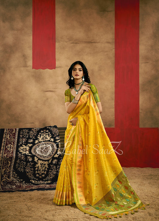 Mustard Yellow Weaving Silk Zari Saree With Tassels 