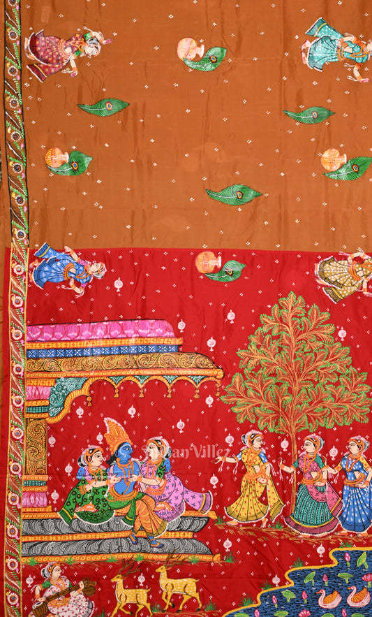 Golden Yellow  Red Krishna Raas Leela Hand- Painted Pattachitra Saree