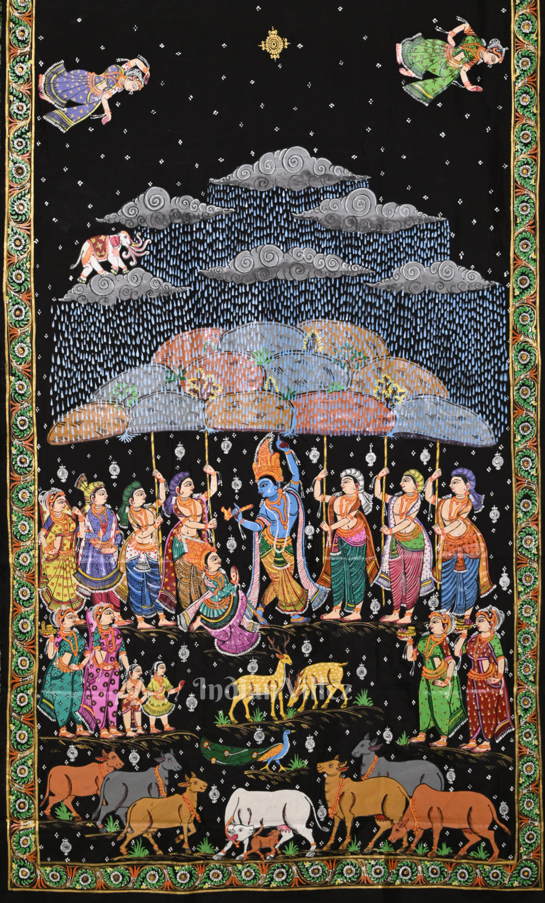 Black Giri Govardhan Hand-Painted Pattachitra Saree