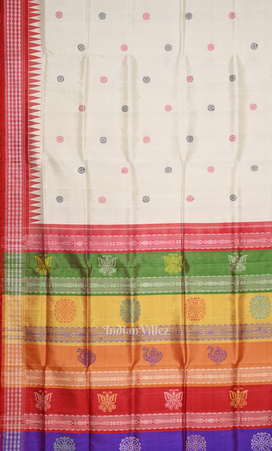 White Red Double Pallu Berhampuri Silk Saree