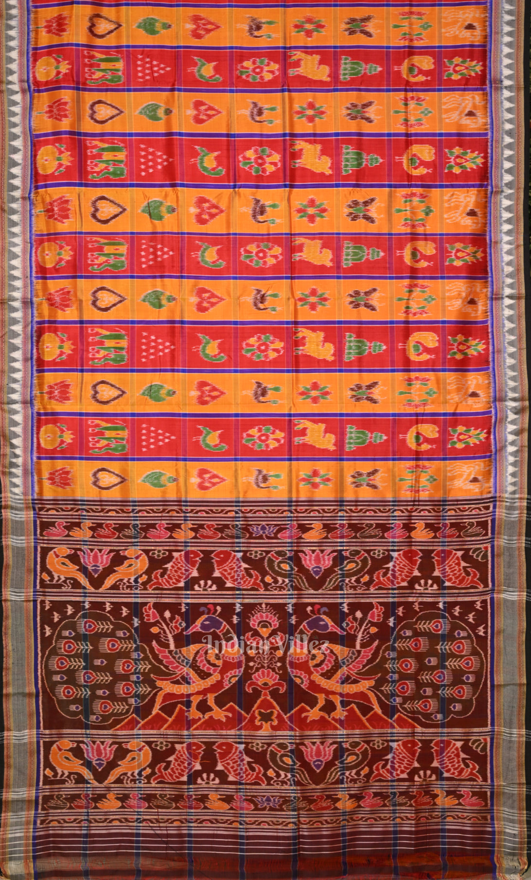 Yellow Red Nabakothi Odisha Ikat Khandua Silk Saree 