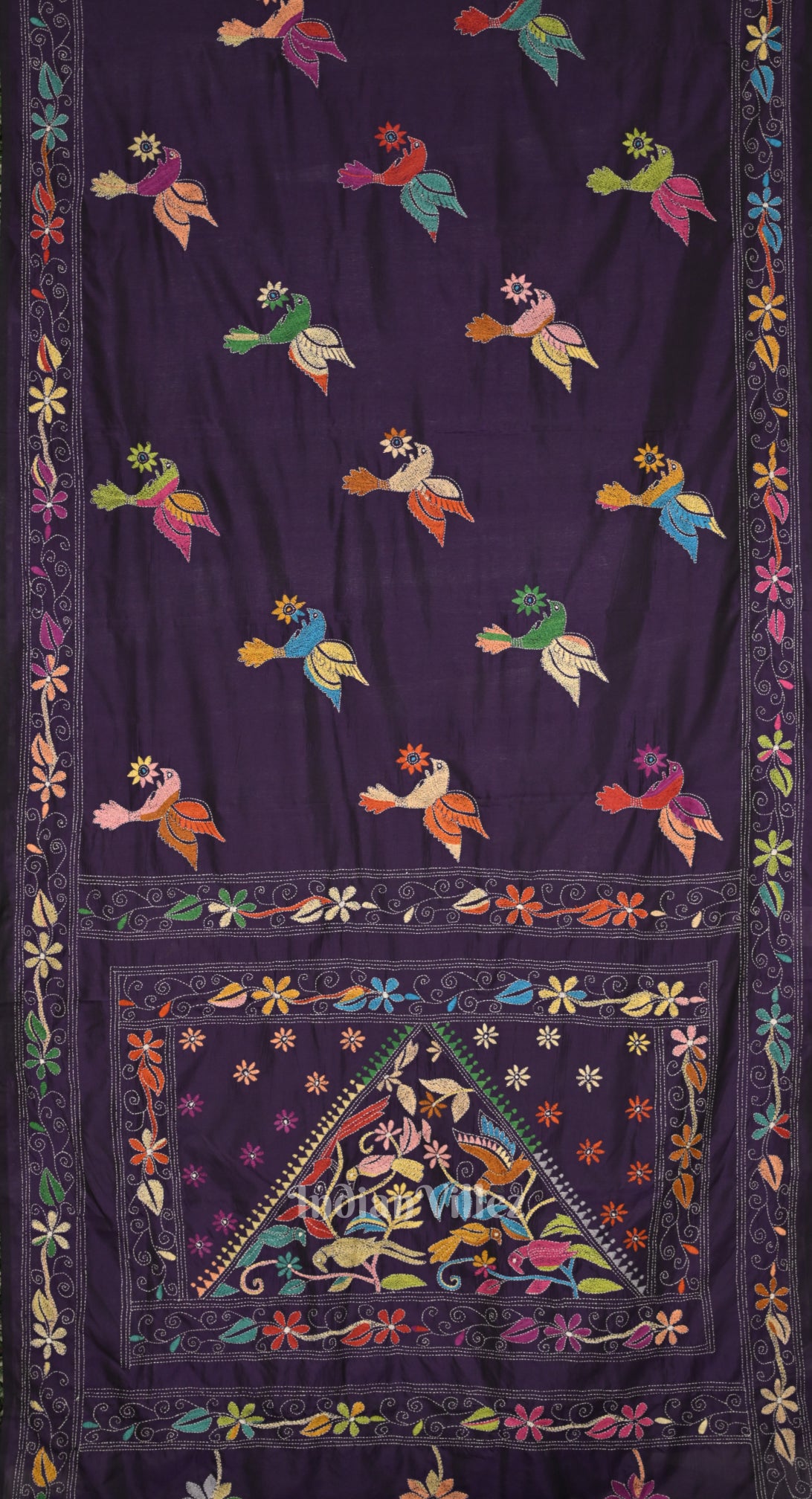 Dark Purple Handwoven Kantha Stitch Silk Saree 