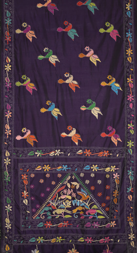 Dark Purple Handwoven Kantha Stitch Silk Saree 