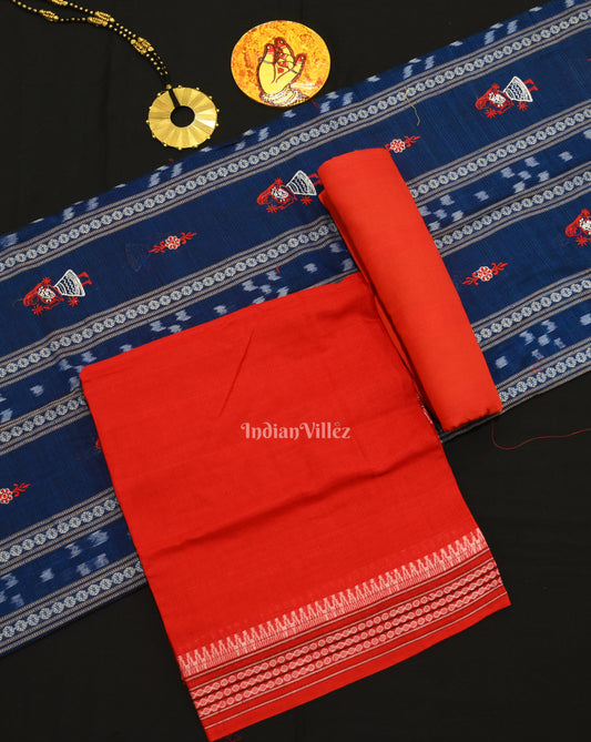 Royal Blue Red Doll Odisha Ikat Sambalpuri Cotton Dress set with Dupatta 