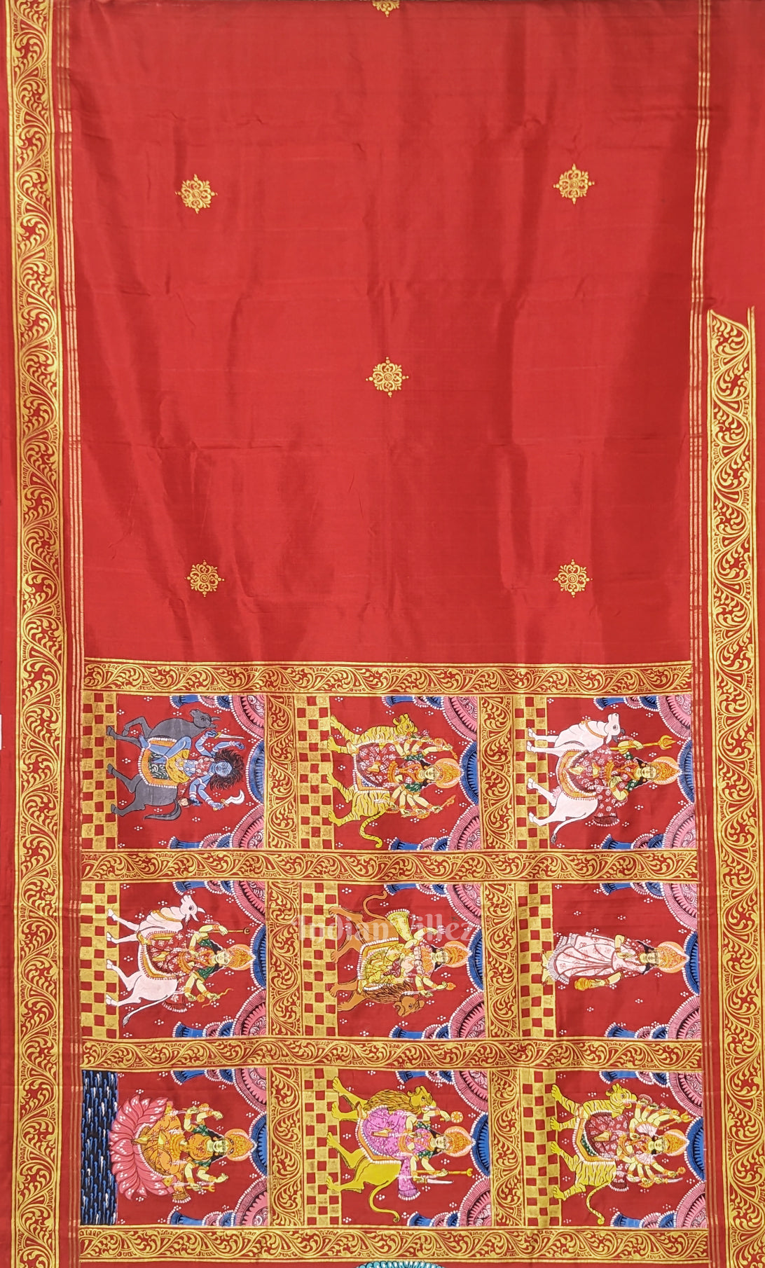 Red White Navaratri Durga Puja Theme Hand-Painted Pattachitra Saree
