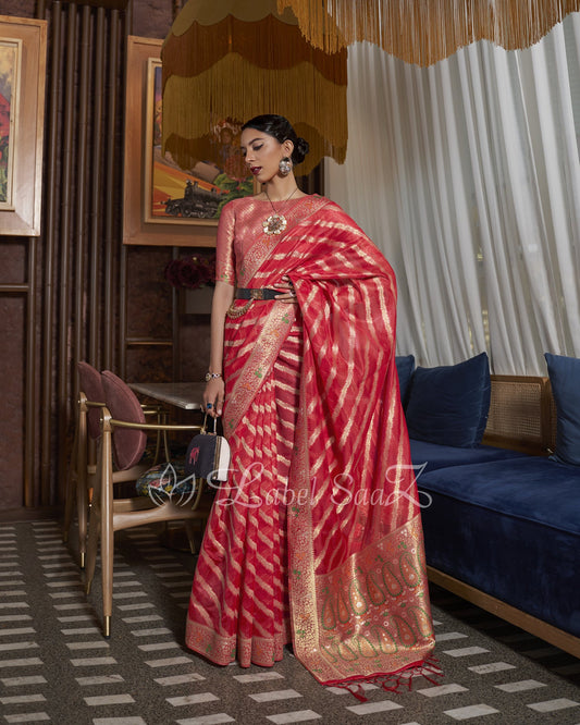 Red Two Tone Meenakari Weaving Organza Banarasi Saree
