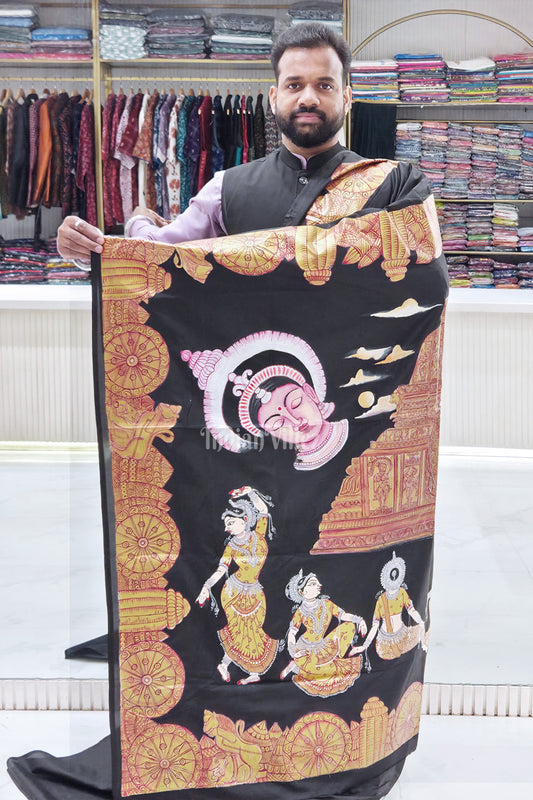 Black Golden Shree Mandir Odishi Theme Hand-Painted Pattachitra Saree