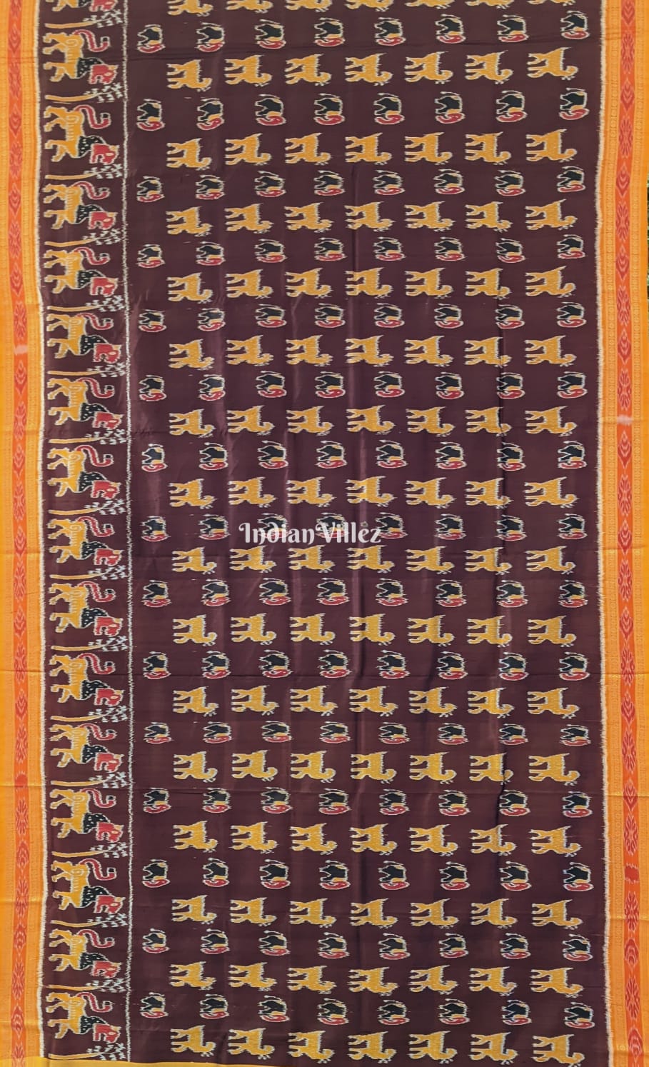 Coffee Yellow Animal Theme Odisha Ikat Khandua Silk Saree
