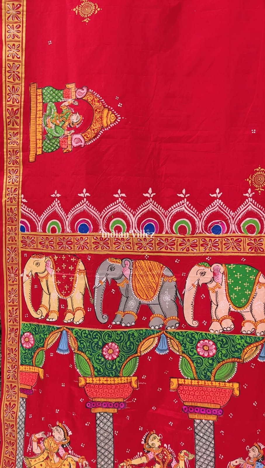 Red Elephant Nartaki Pattachitra Pure Silk Saree