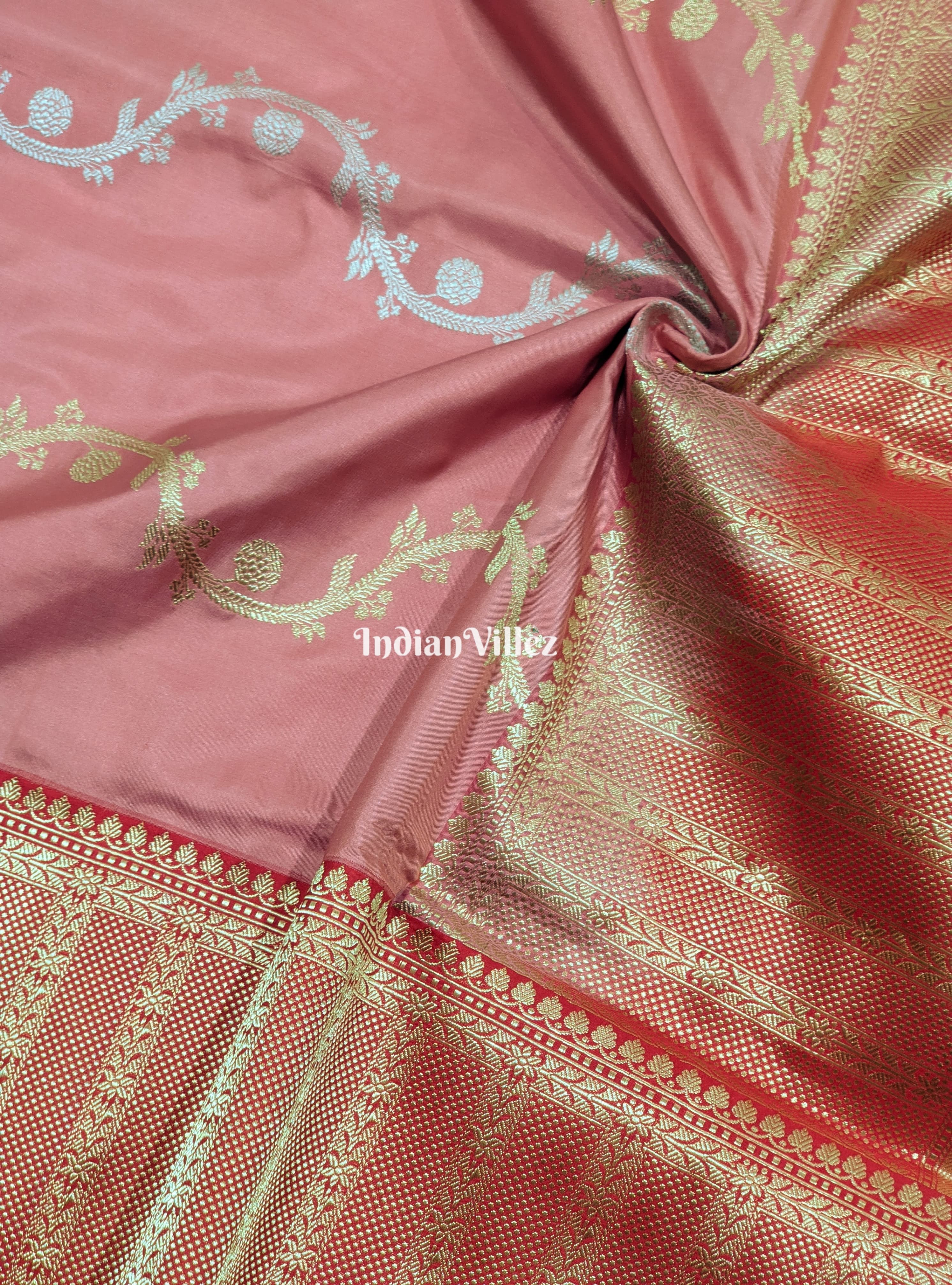 Baby Pink Thread Work Banarasi Katan Silk Saree