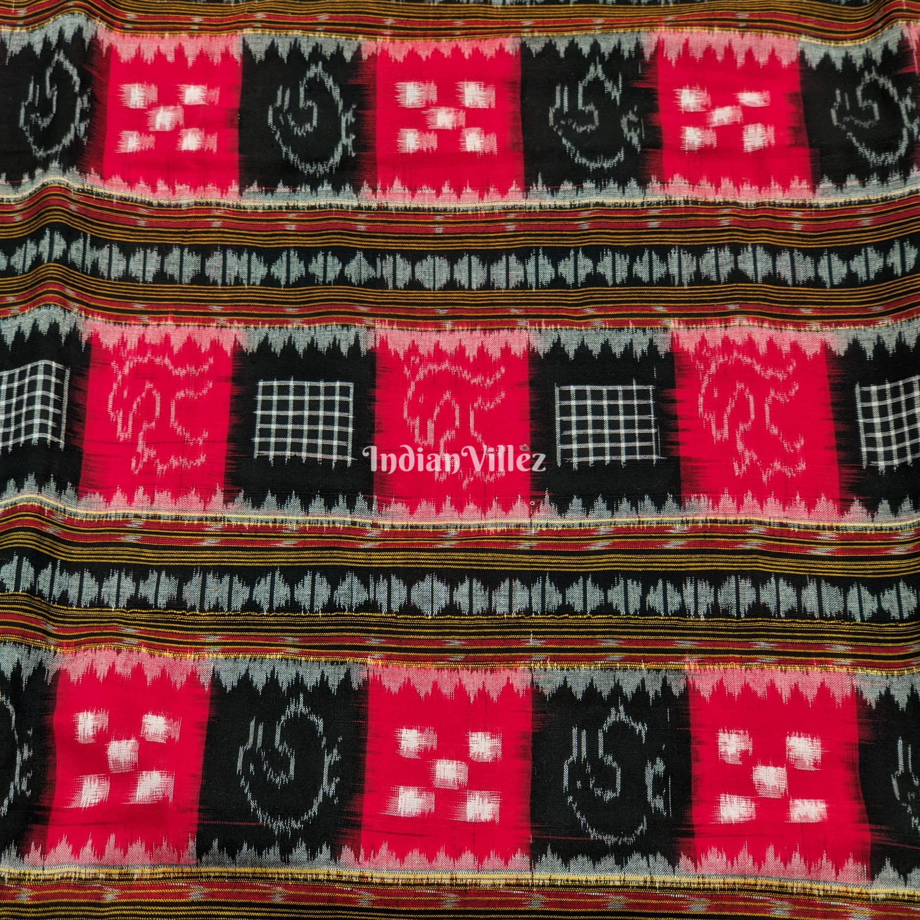 Black Red Sambalpuri Ikat Cotton Fabric