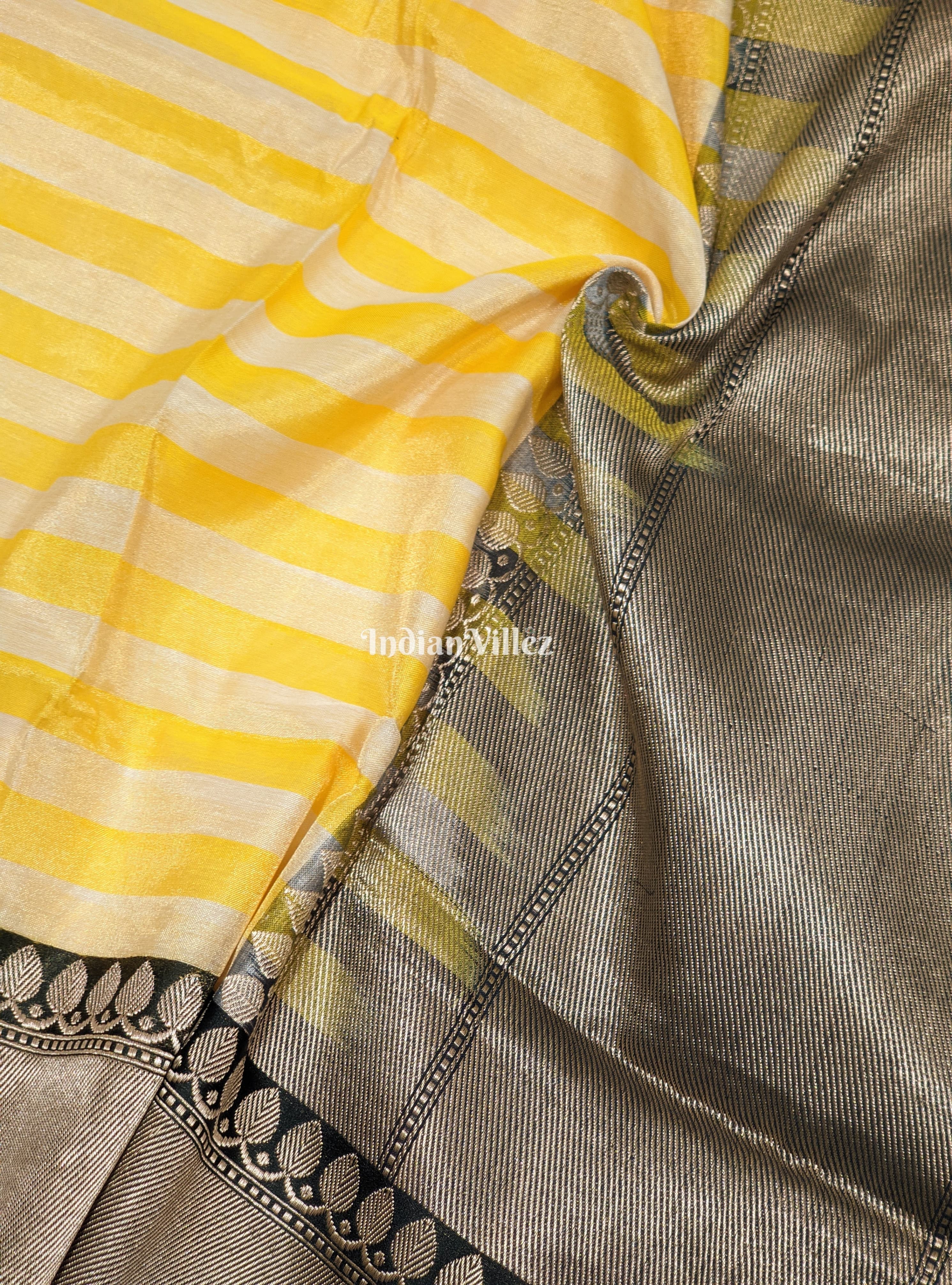 Yellow Stripes Pattern Designer Banarasi Tissue Saree