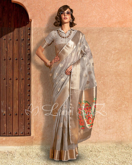 Grey Linen Tissue Kora Silk Saree With Paithani Pallu
