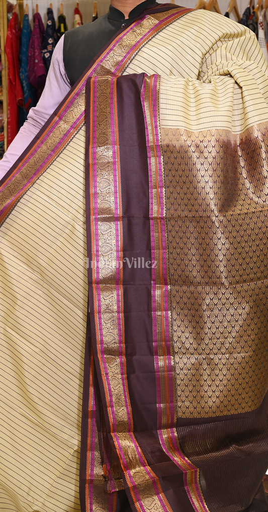 Cream Black Stripped Design Pure Gadwal Silk Saree